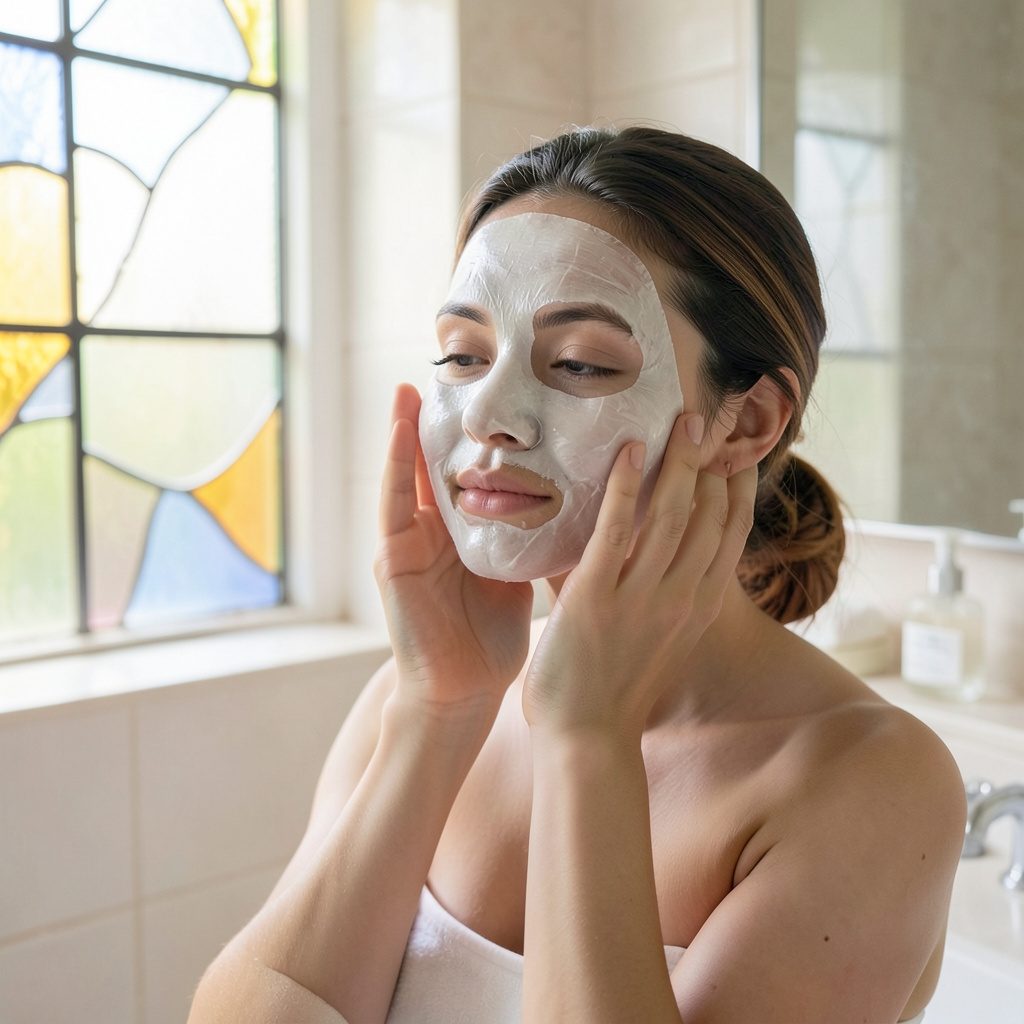 A woman's hands applying a face mask in a bright bathroom, with soft neutral tones and a serene, spa-like atmosphere.